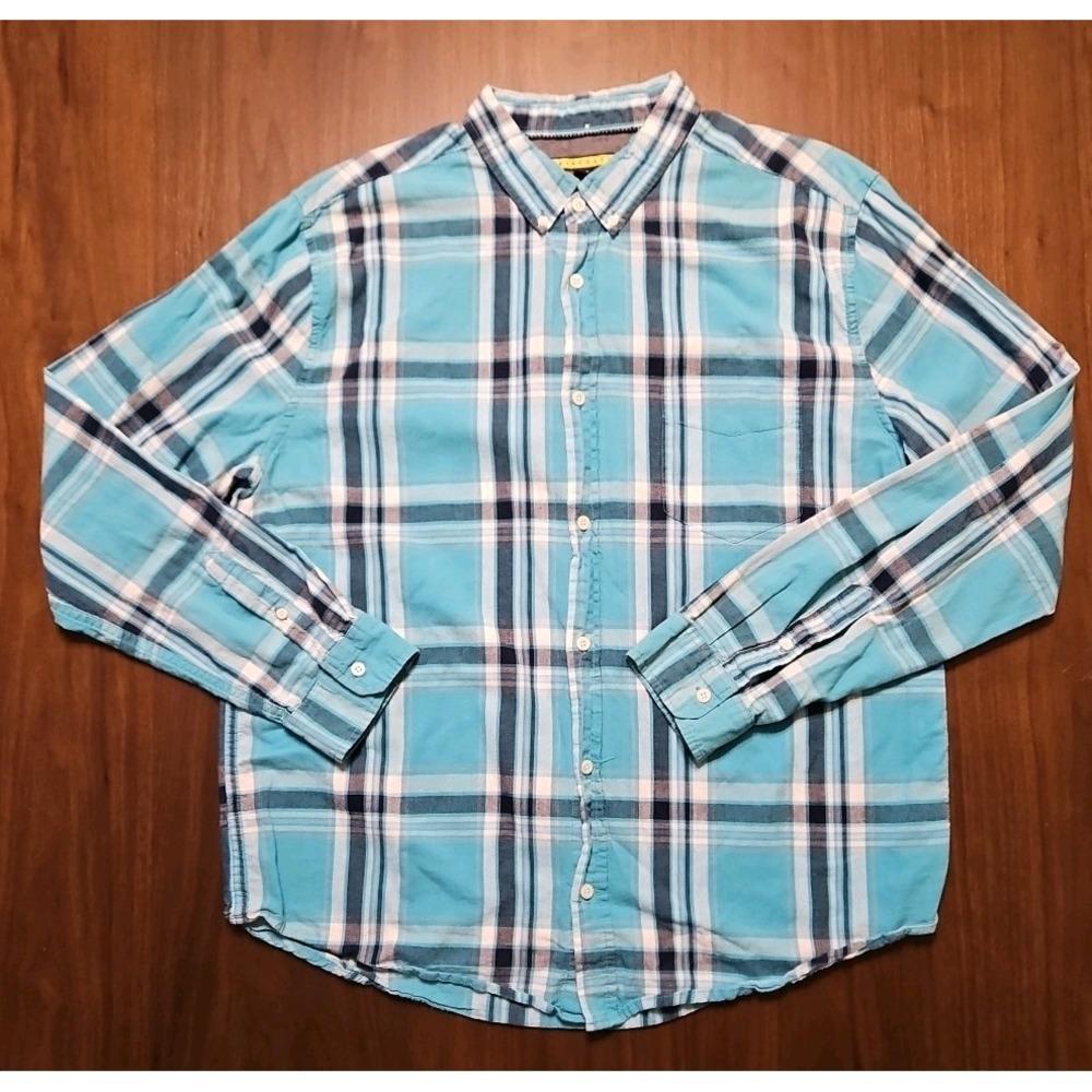Princess And Fox Long Sleeve Button Down Mens Shirt w/Pocket XL Turquoise Plaid